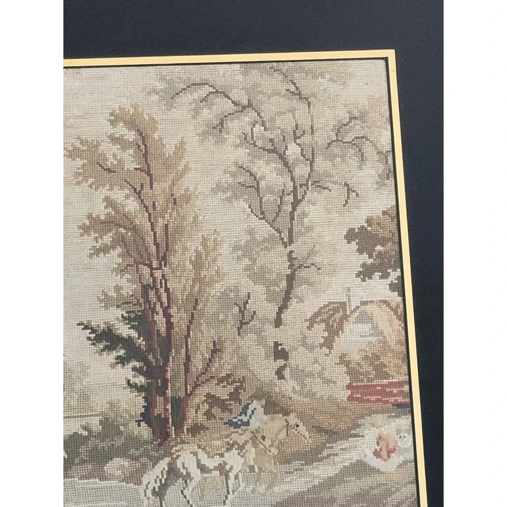Big Antique Needlepoint Pastoral Scene Framed Picture Cows Horses Maidens Castle